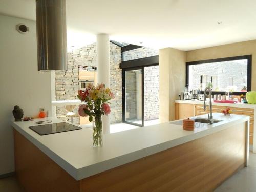 une cuisine avec un vase de fleurs sur un comptoir dans l'établissement Splendide Villa en bordure de Golf, à Saint-Gély-du-Fesc