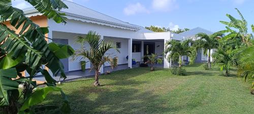 a white house with palm trees in the yard at Villa Matigwa in Anse-Bertrand
