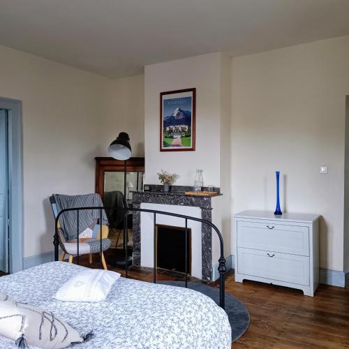 a bedroom with a bed and a fireplace at Baladous in Montgaillard-de-Salies