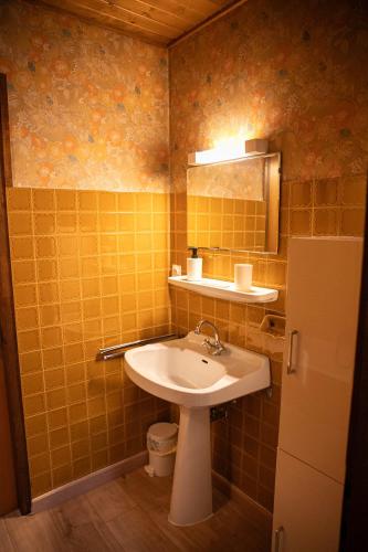 La salle de bains est pourvue d'un lavabo et d'un mur carrelé jaune. dans l'établissement Studio 3 personnes Chalet Tournier, aux Gets