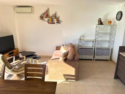 ein Wohnzimmer mit einer Person auf einer Couch in der Unterkunft Bel appartement vue mer-montagne in Calvi