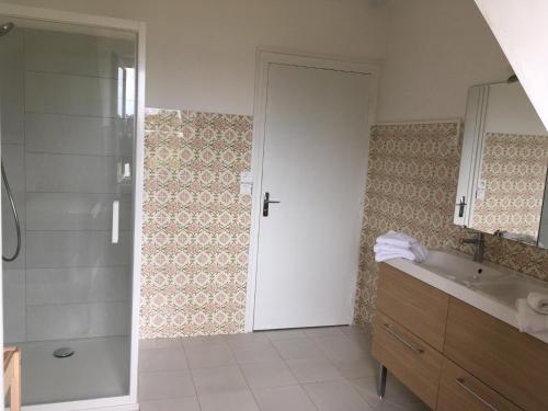 une salle de bain avec une douche, un lavabo et un miroir dans l'établissement Plages & GR 10 min à pied - grande maison calme, à Plougasnou