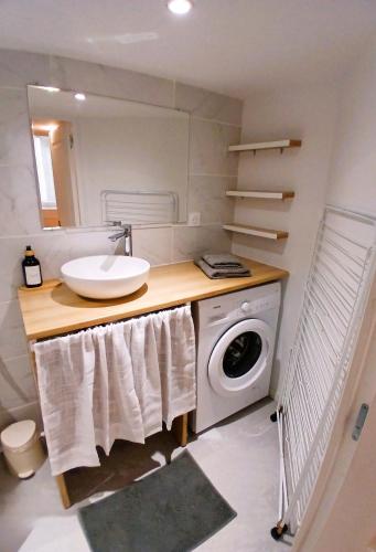 une salle de bain avec une machine à laver et un lavabo dans l'établissement studio en mezzanine, métro et rue centrale mais calme, à Oullins