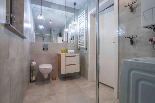 a bathroom with a toilet and a glass shower at Daj Sobie Spokój - WIDOK 800mnpm OGRÓDEK in Szklarska Poręba