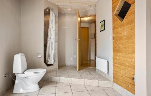 a bathroom with a toilet and a walk in shower at Cozy Home In Spøttrup With Sauna in Spottrup