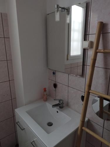 une salle de bain avec un lavabo et un miroir dans l'établissement Appartement centre Alsace, à Kertzfeld