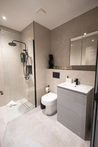 a bathroom with a toilet and a shower and a sink at New London 2 Bedroom, 2 Bathroom Flat in Finchley