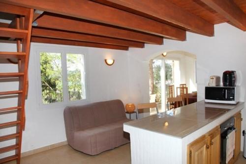 un salon avec un canapé et une cuisine dans l'établissement Minivilla Figari vue mer, plage Santa Giulia, à Porto-Vecchio