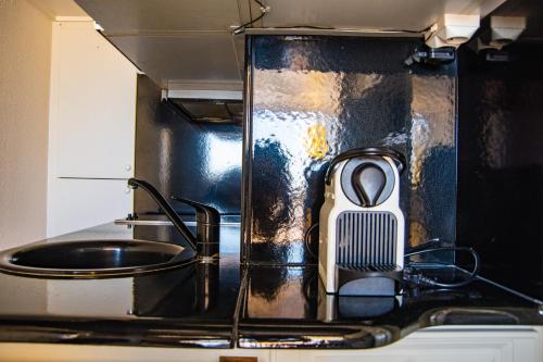 une cuisine avec un évier et une cuisinière avec un peigne dans l'établissement CapNat - Village Naturiste - Port Nature - Le Macumba, au Cap d'Agde