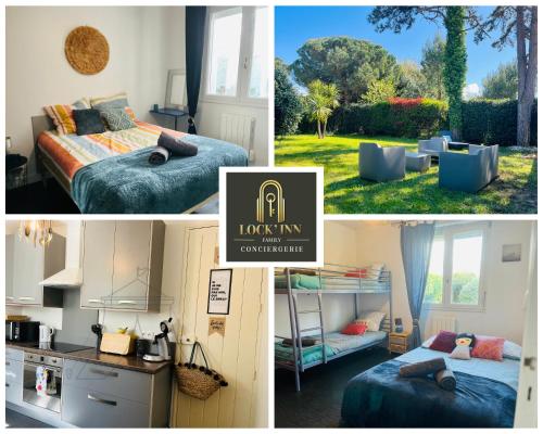 a collage of three pictures of a room with beds at Maison des Pins - Jardin, calme et plage - Lock'inn in Saint-Palais-sur-Mer