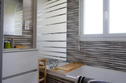 a bathroom with a sink and a glass wall at Evasion Marine, Cozy home in Criel-sur-Mer