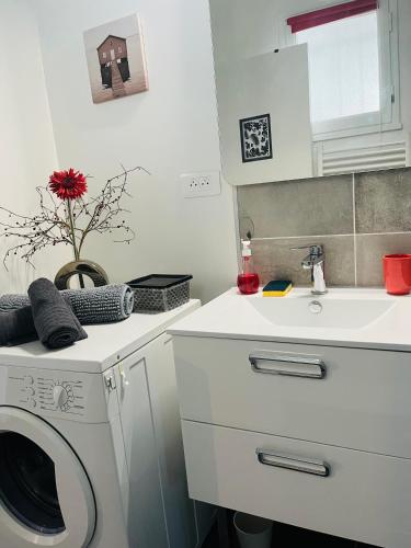 une cuisine avec une machine à laver et un évier dans l'établissement Maison des Pins - Jardin, calme et plage - Lock'inn, à Saint-Palais-sur-Mer
