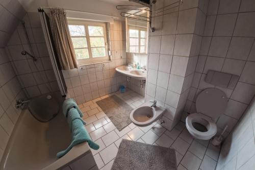 ein Badezimmer mit Toilette und Waschbecken in der Unterkunft Romantische, alte Wassermühle in Rieste