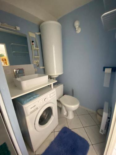 une salle de bain avec une machine à laver et un lavabo dans l'établissement Maison Normandie 19, à Fort-Mahon-Plage
