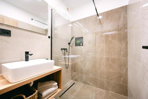 a bathroom with a sink and a shower at U Zlatej Včely in Vrádište