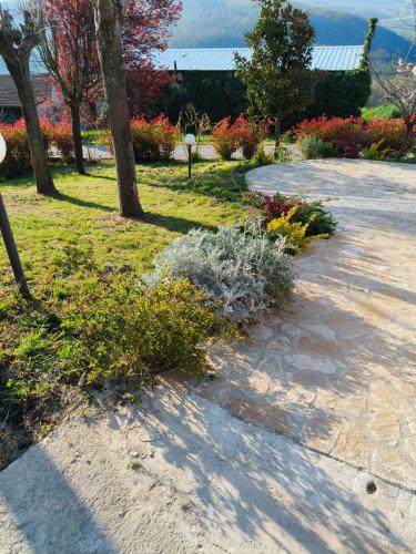 a garden with flowers and trees and a sidewalk at La Bottega di Torreluca in Todi