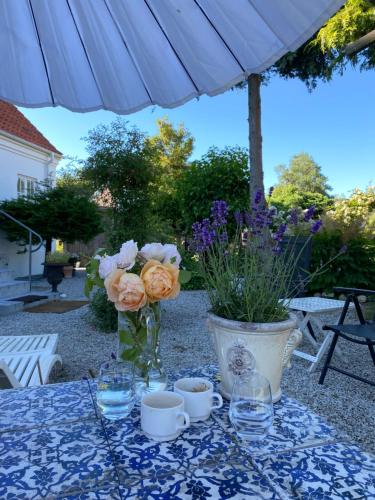 a table with a blue and white table cloth and flowers at B&B Österlens RosenTrädgård in Glemmingebro