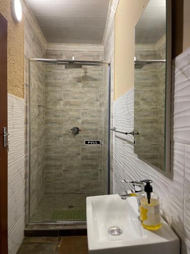 a bathroom with a shower and a sink and a shower at Falcon Lodge Bela in Bela-Bela
