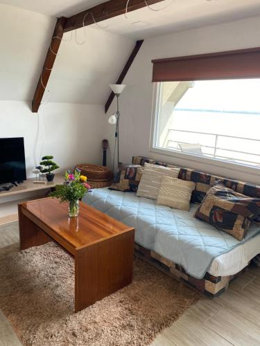 a living room with a couch and a table at Chata u Jančúra in Vinné