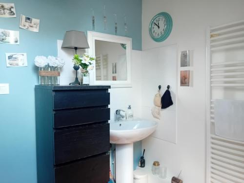 ein Badezimmer mit Waschbecken und Spiegel in der Unterkunft CHEZ ISA chambre chez l'habitant Antoine in Montlouis-sur-Loire