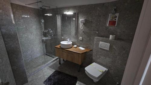 a bathroom with a sink and a shower and a toilet at Hotel Marabella in Sibiu