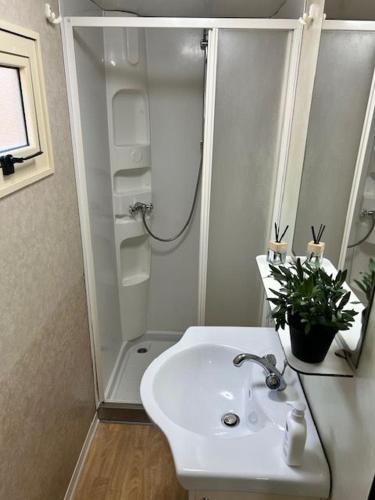 a bathroom with a white sink and a shower at Bungalow 477 Colibrì in Ameglia