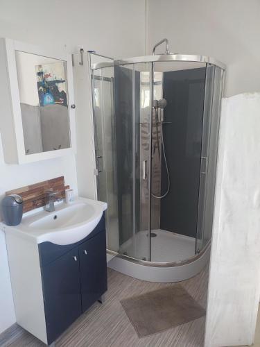 une salle de bain avec douche et lavabo dans l'établissement Le home atelier d'artiste, à Saint-Hilaire-de-la-Noaille
