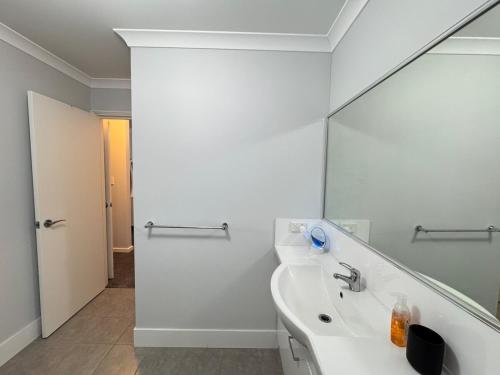 a bathroom with a sink and a large mirror at Blissful Modern Home in Perth