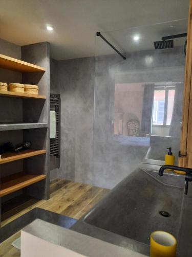 une salle de bain avec un lavabo et une douche dans l'établissement Village-heart house with a Tropezian terrace, à Collobrières