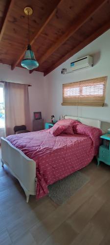 a bedroom with a bed with a pink comforter at Casita de campo con piscina in La Punta