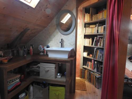 ein Badezimmer mit einem Waschbecken und einem Bücherregal in der Unterkunft Chante Perdrix in Saint-Félix-de-Lunel