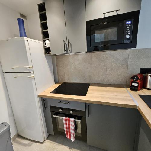 La cuisine est équipée d'un réfrigérateur blanc et d'un four micro-ondes. dans l'établissement Idéal Central Calme Cosy Chaleureux Zen Appartement Mignon, à Nice