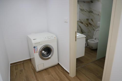 a washing machine in a bathroom with a toilet at Guesthouse Aloe in Velabishti