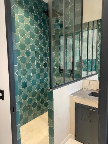 une salle de bain avec une douche avec un lavabo et un miroir dans l'établissement Casa Lila, à Cabasse