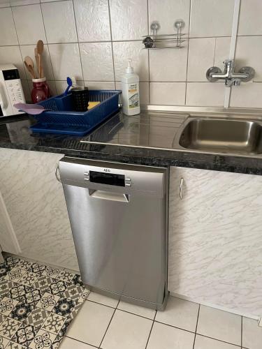 a kitchen counter with a dishwasher and a sink at Alina vendégház in Mezőkövesd