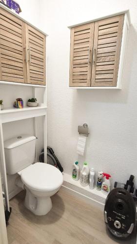 La salle de bains est pourvue de toilettes blanches et de placards en bois. dans l'établissement Studio cosy au cœur de la station avec piscine, à Péone