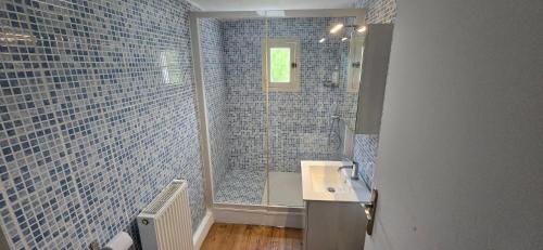 une salle de bain avec un lavabo et une douche avec du carrelage bleu dans l'établissement Country House, à Lafrançaise