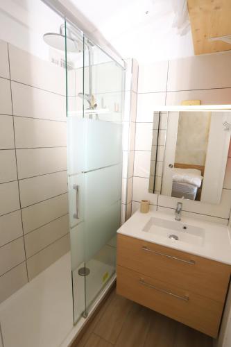 une salle de bain avec une douche en verre et un lavabo dans l'établissement Spacieux Studio 3pers vue marina a St Cyprien, à Saint-Cyprien