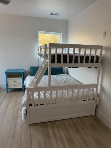 a bedroom with two bunk beds and a window at Por Que No Los Dos in Marble Falls