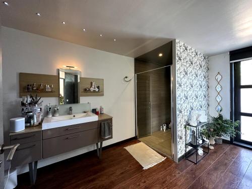 La grande salle de bains est pourvue d'un lavabo et d'une douche. dans l'établissement Piscine, soleil et farniente, à Gigean