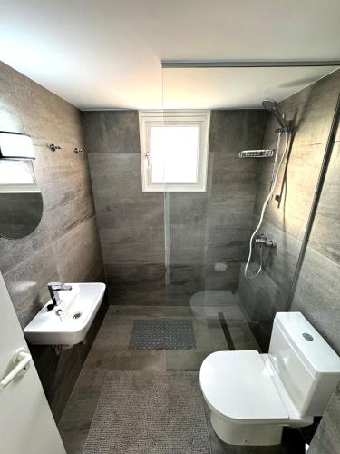 a bathroom with a sink and a toilet and a shower at Casa Sea Breeze in Larnaca