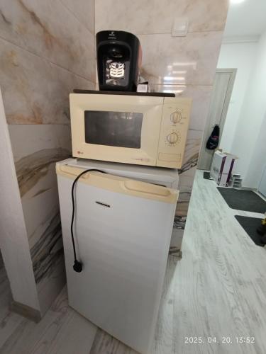a microwave sitting on top of a refrigerator at Apartament Flora in Văleni