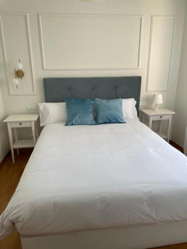 a large white bed with blue pillows in a bedroom at Apartamento Lardero Garnacha Rioja in Lardero