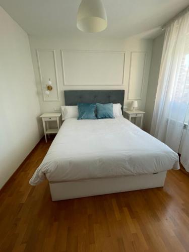 a bedroom with a large white bed with blue pillows at Apartamento Lardero Garnacha Rioja in Lardero