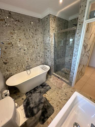 a bathroom with a tub and a toilet and a sink at DuyneGuestHouse in Cape Town
