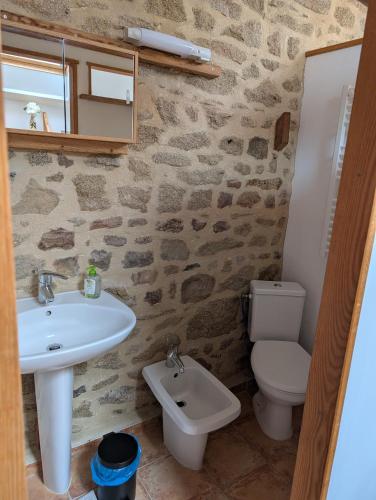 une salle de bain avec un lavabo et des toilettes dans l'établissement Gîte au calme, nature et confort Creuse, à Soubrebost