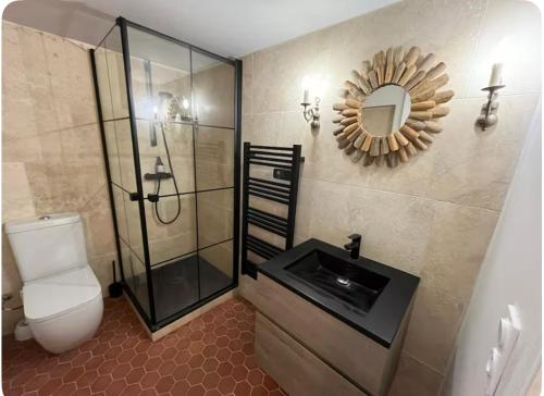 une salle de bain avec toilettes, lavabo et miroir dans l'établissement Belle maison atypique, à Roquefort-les-Pins