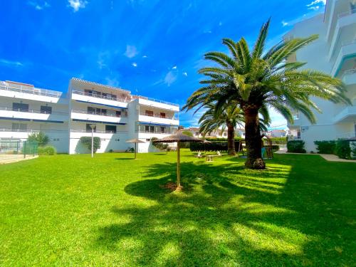 a palm tree in front of a building at Apartamento reformado con piscina en Javea in Jávea