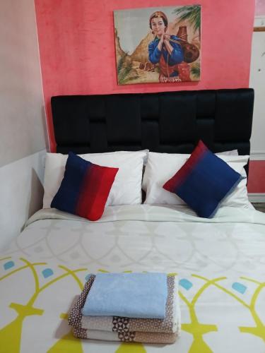 a bed with colorful pillows and a painting on the wall at Ryan S3 in Fès