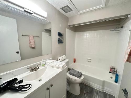 une salle de bain blanche avec un lavabo et des toilettes dans l'établissement Inviting Houston Space Near Kemah and Space Center, à Houston